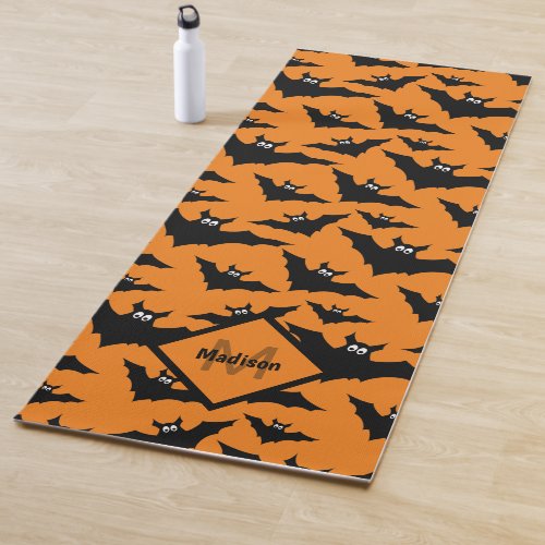 Cool orange black bats Halloween pattern Monogram Yoga Mat