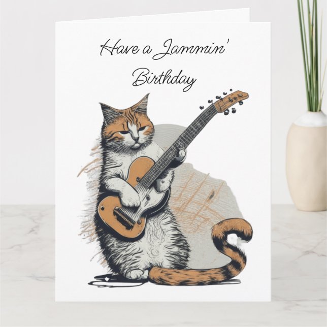 Cool Orange Cat Jamming on the Guitar Birthday Card (Front)