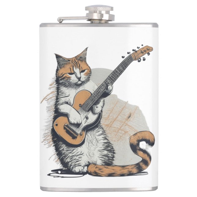 Cool Orange Cat Jamming on the Guitar  Flask (Front)