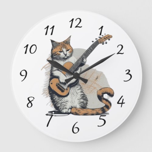 Cool Orange Cat Jamming on the Guitar Large Clock