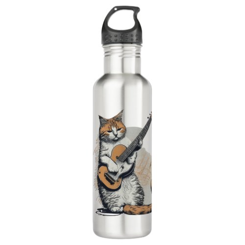 Cool Orange Cat Jamming on the Guitar  Stainless Steel Water Bottle