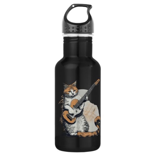 Cool Orange Cat Jamming on the Guitar  Stainless Steel Water Bottle