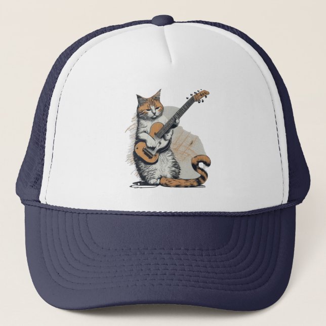 Cool Orange Cat Jamming on the Guitar Trucker Hat (Front)