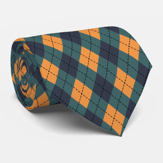cool orange green tiled pattern argyle neck tie (Rolled)