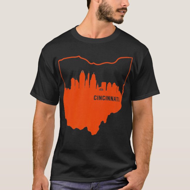 Cool Orange Ohio State Outline Cincinnati City Sky T-Shirt (Front)