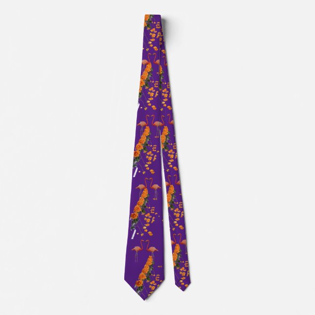 COOL ORANGE ROSES & FLAMINGO BIRDS PURPLE NECK TIE (Front)