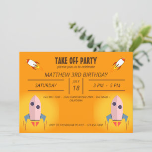 Cool Orange Space Ship Take Off Birthday Party Invitation