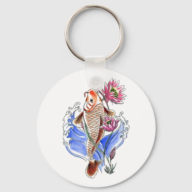 Cool Oriental Classic Koi Carp Fish Lotus tattoo Keychain (Front)