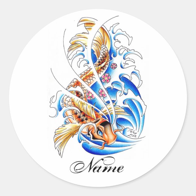 Cool Oriental Gold Koi Carp Fish Water tattoo Classic Round Sticker (Front)