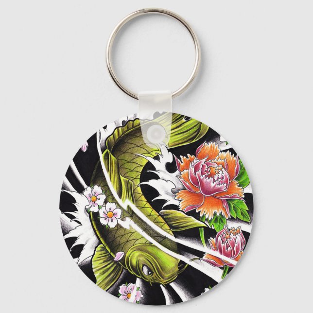 Cool oriental japanese black ink lucky koi fish keychain (Front)