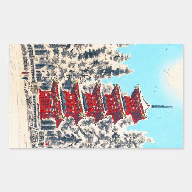 Cool oriental japanese clasic ancient shrine art rectangular sticker (Front)