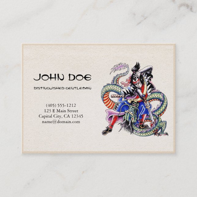 Cool oriental japanese dragon samurai fight tattoo business card (Front)