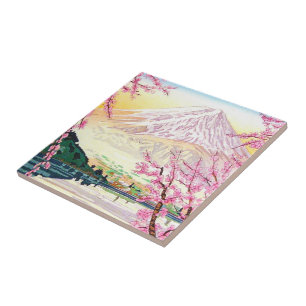 Cool oriental japanese Fuji spring cherry tree art Tile