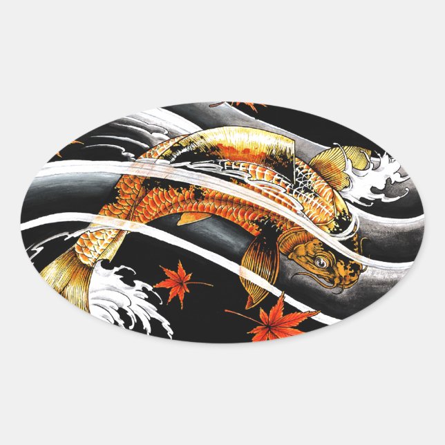 Cool oriental japanese Gold Lucky Koi Fish tattoo Oval Sticker (Front)