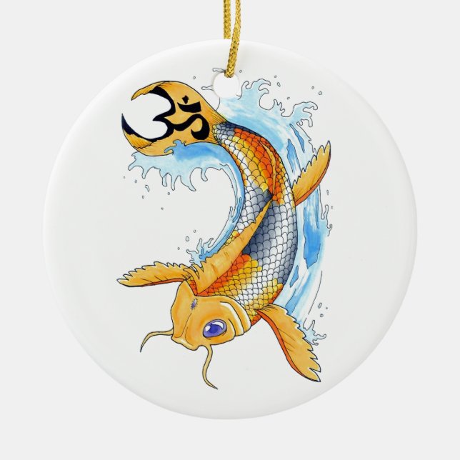 Cool Oriental Japanese Gold Lucky Koi tattoo Ceramic Ornament (Front)