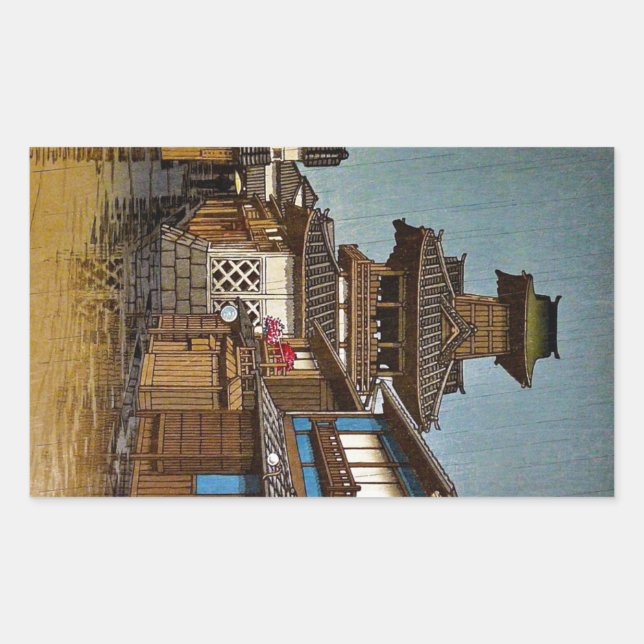 Cool oriental japanese Hasu Kawase rainy  village Rectangular Sticker (Front)