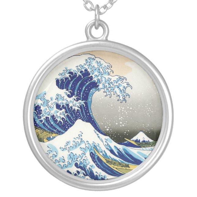 Cool oriental japanese Hokusai Fuji View landscape Silver Plated Necklace (Front)