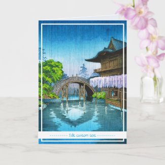 Cool oriental japanese Kameido Shrine lake rain Card