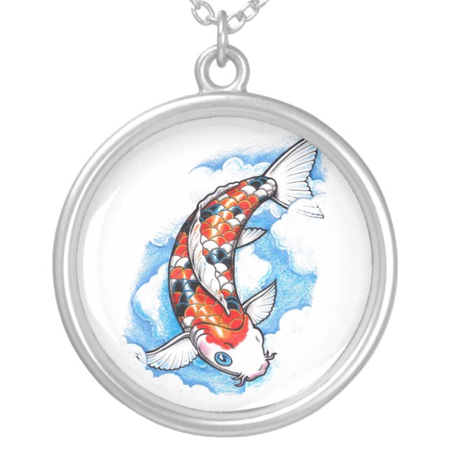 Cool Oriental Japanese Koi Carp Cloud tattoo Silver Plated Necklace (Front)