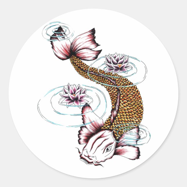 Cool Oriental Japanese Koi Carp Fish Pink Lotus Classic Round Sticker (Front)