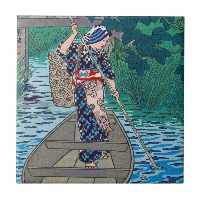 Cool oriental japanese river boat fishing woman ceramic tile (Front)