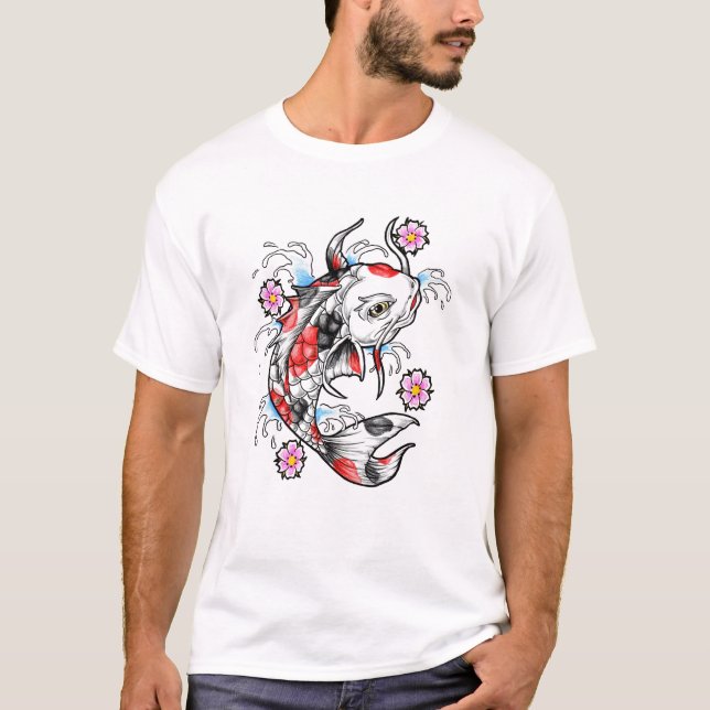 Cool Oriental Japanese White Koi Fish Carp tattoo T-Shirt (Front)