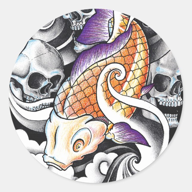 Cool Oriental Koi Carp Skull tattoo Classic Round Sticker (Front)