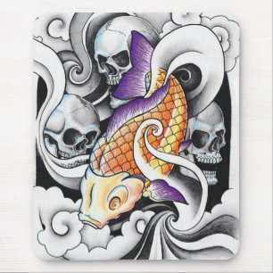 Cool Oriental Koi Carp Skull tattoo Mouse Pad