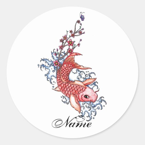 Cool Oriental Red Koi Carp Fish flowers tattoo Classic Round Sticker