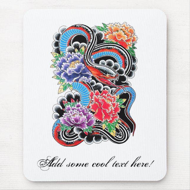 Cool oriental snake with lotus flower tattoo mouse pad (Front)