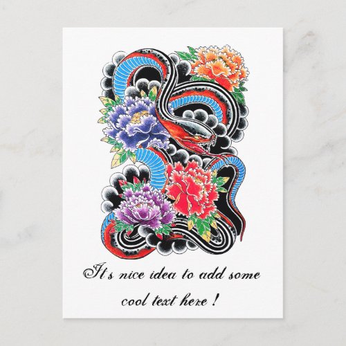 Cool oriental snake with lotus flower tattoo postcard