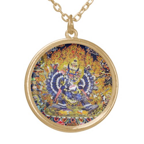 Cool oriental tangka Yamantaka death god tattoo Gold Plated Necklace