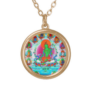 Cool oriental tibetan thangka Green Tara tattoo Gold Plated Necklace