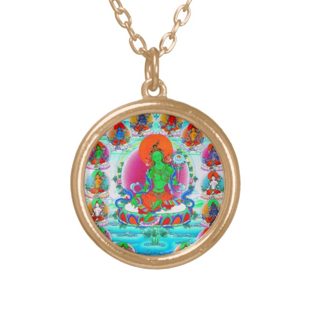 Cool oriental tibetan thangka Green Tara  tattoo Gold Plated Necklace (Front)