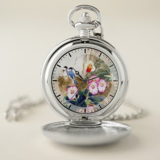 Cool oriental vintage blue birds pink flower grass pocket watch