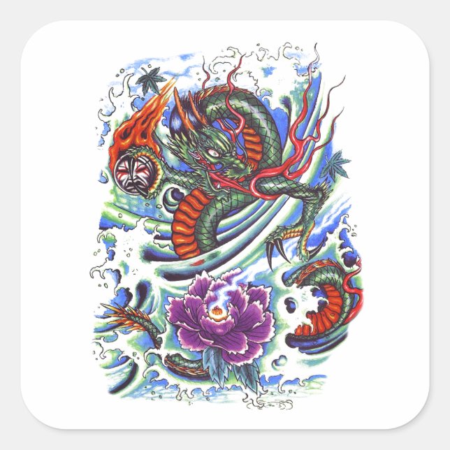 Cool Oriental Water Dragon Lotus Square Sticker (Front)