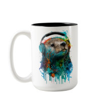 Cool Otter Coffee Mug, Wearing Headphones!