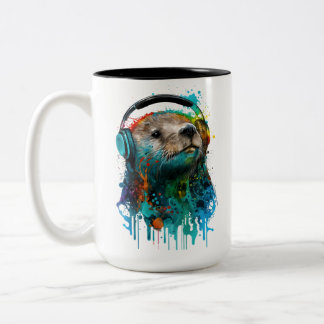 Cool Otter Coffee Mug, Wearing Headphones! Two-Tone Coffee Mug