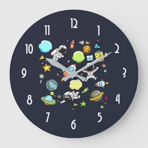 Cool Outer Space Astronauts  Rockets Pattern Large Clock