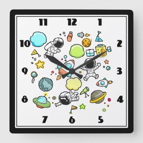 Cool Outer Space Astronauts  Rockets Pattern Square Wall Clock