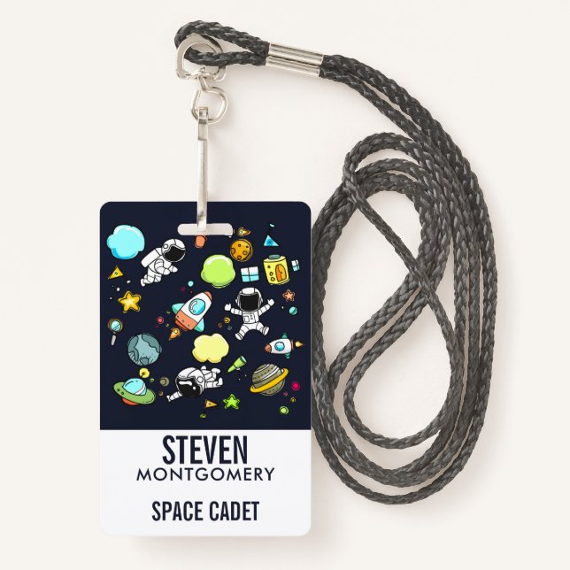 Cool Outer Space Theme - Astronauts & Rocket Ships Badge (Front with Lanyard)