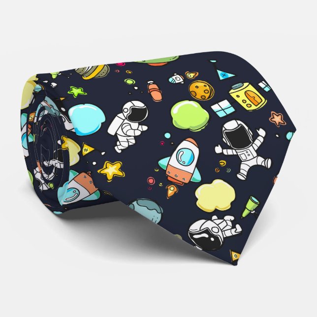 Cool Outer Space Theme - Astronauts & Rocket Ships Neck Tie (Rolled)