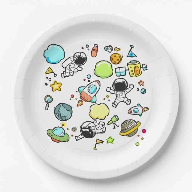 Cool Outer Space Theme - Astronauts & Rocket Ships Paper Plates (Front)