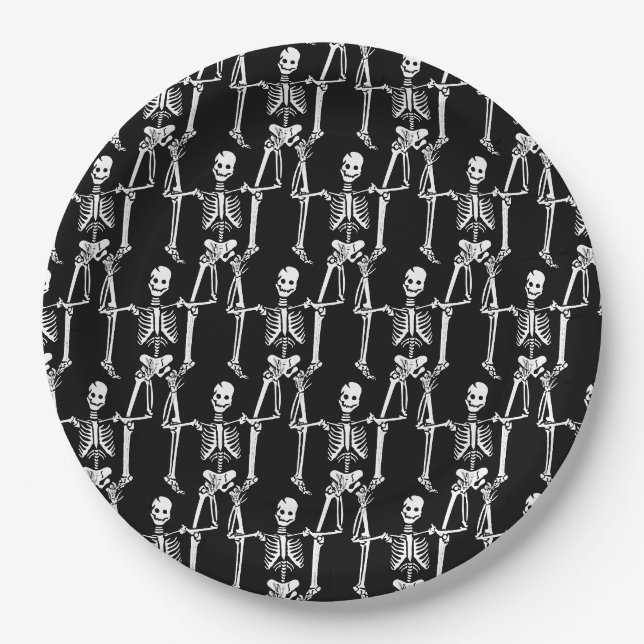 Cool Overlapping Skeletons Pattern on Black Paper Plates (Front)
