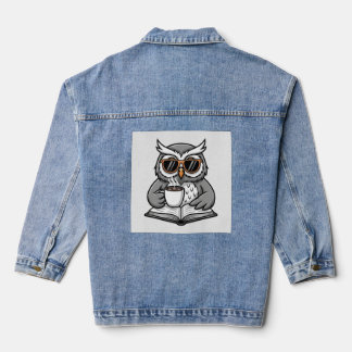 Cool Owl Reading With Coffee Denim Jacket