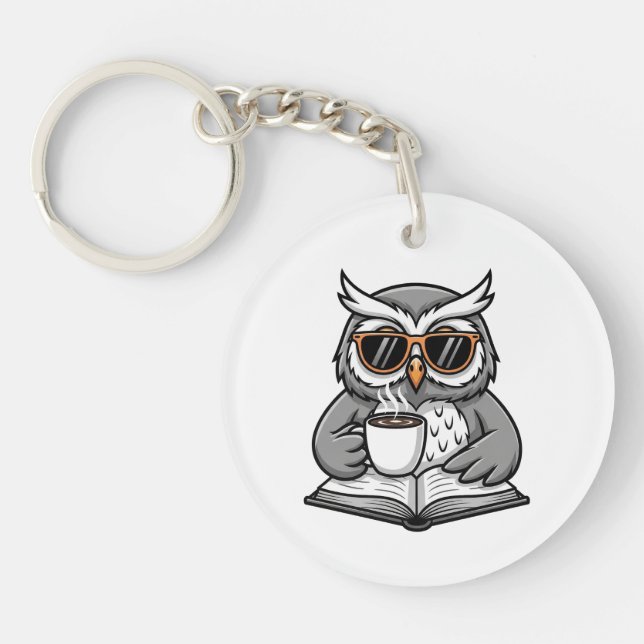 Cool Owl Reading With Coffee Keychain (Front)