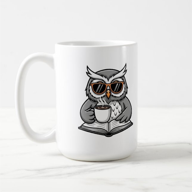 Cool Owl Reading With Coffee Mug (Left)