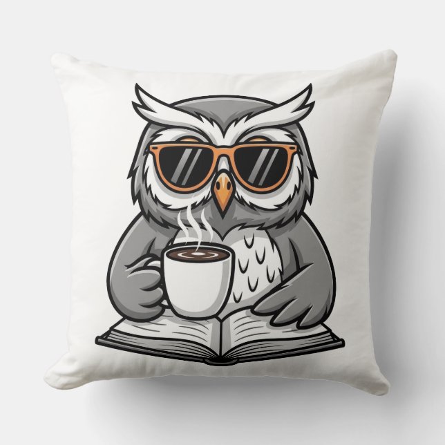 Cool Owl Reading With Coffee Throw Pillow (Front)