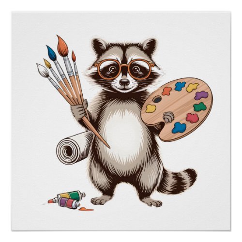 Cool Painter Raccoon Illustration Poster