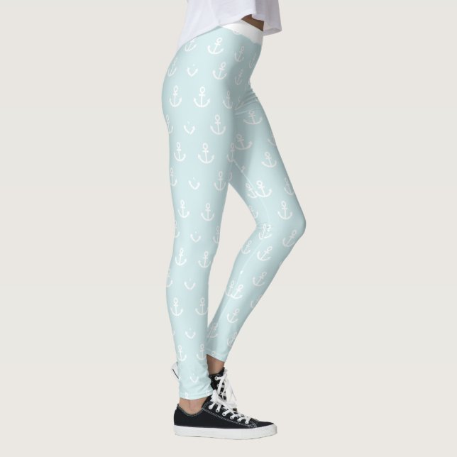 Cool Pale Blue Anchors Away Sailing Pattern Leggings (Right)